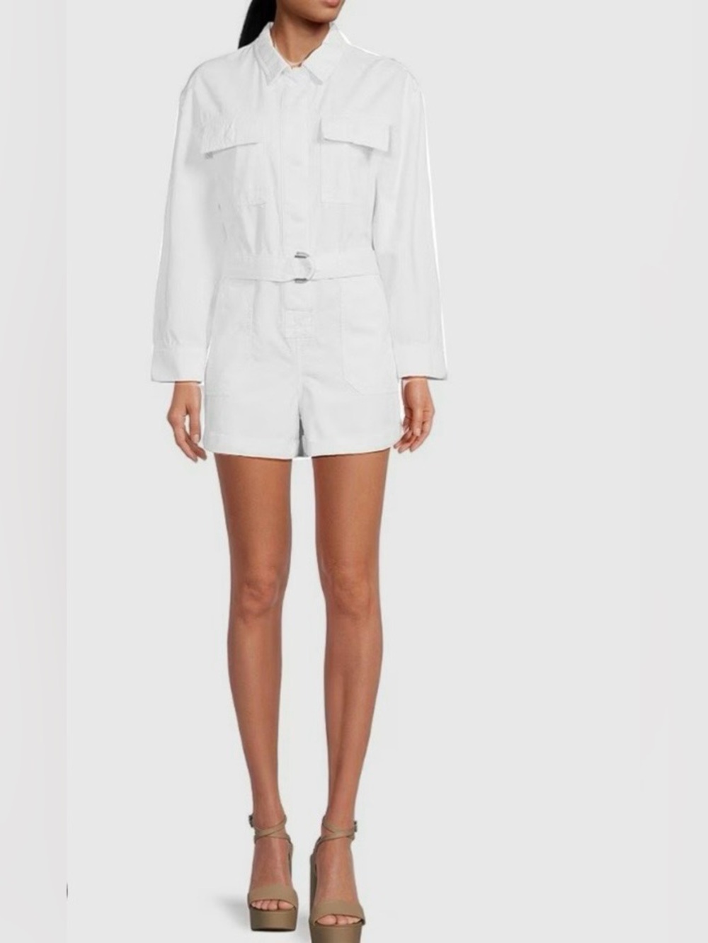 Gianni Bini Charlie Denim Button Down Long Sleeve Shorts Romper White Belted 4